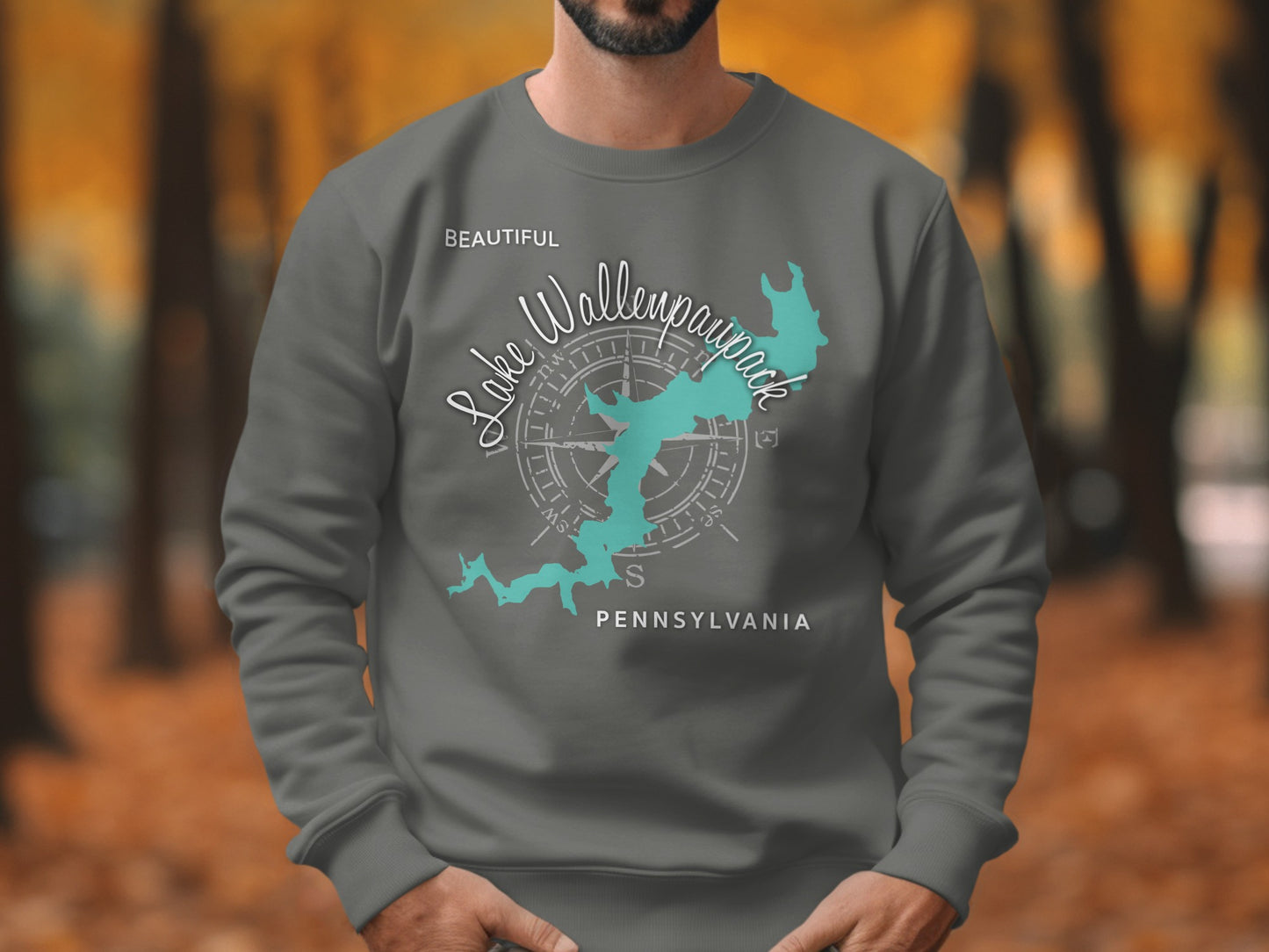Grey sweatshirt with a Lake Wallenpaupack Pennsylvania map and compass.