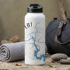 White water bottle with a compass and map detail, and text "LBJ".