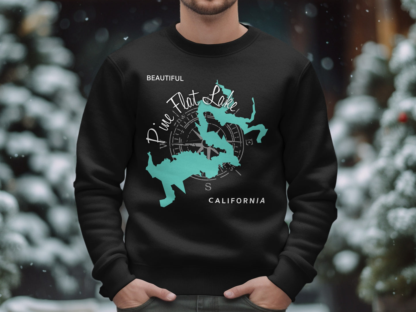 Black sweatshirt with teal map of Pine Flat Lake, California.