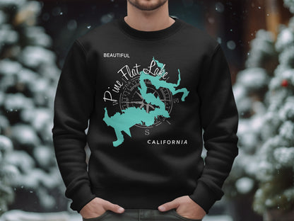 Black sweatshirt with teal map of Pine Flat Lake, California.