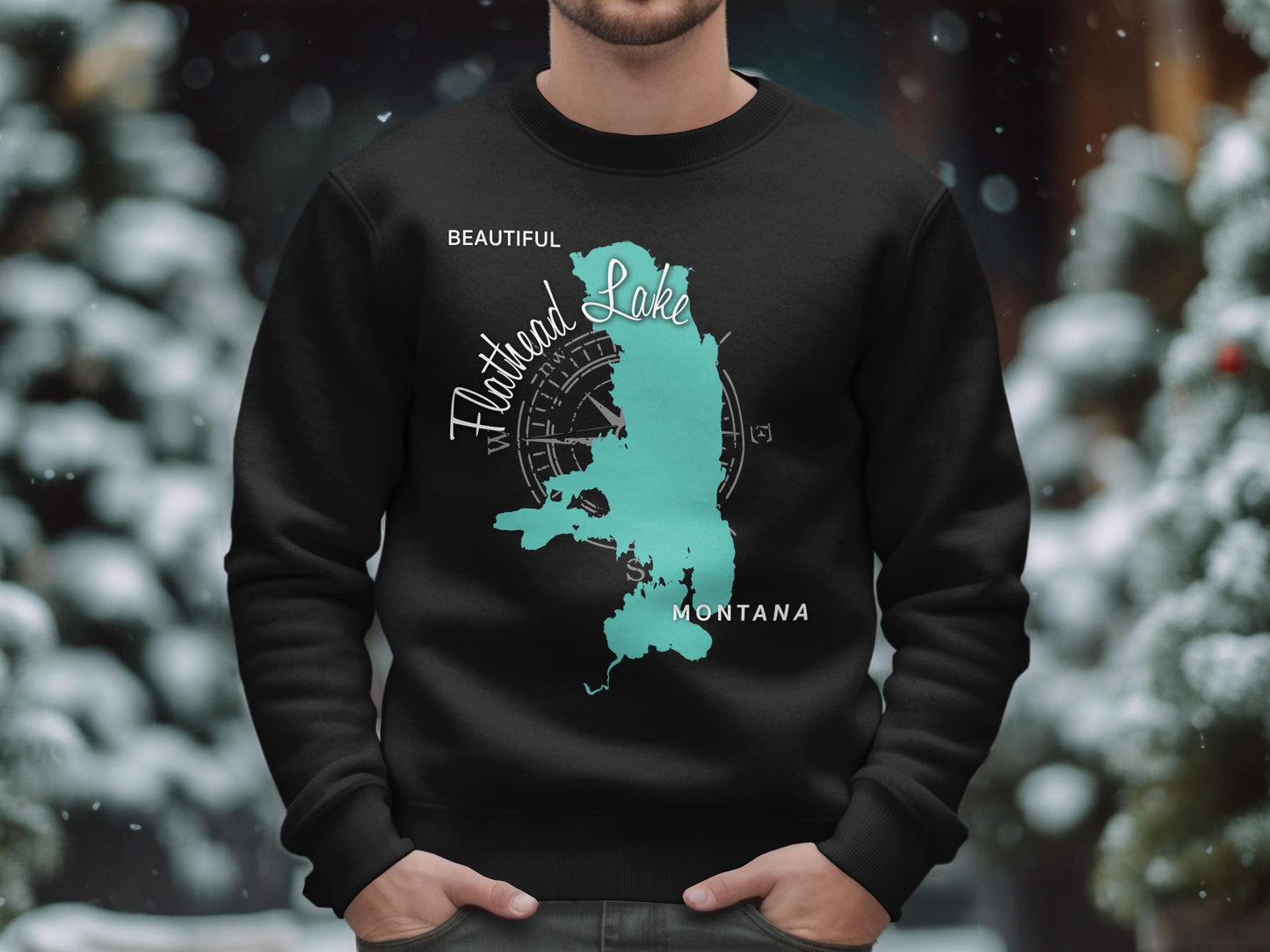Black sweatshirt with Flathead Lake, Montana map and compass design.