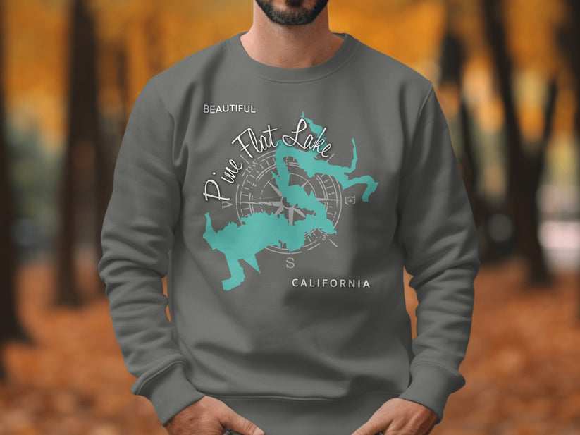 Gray sweatshirt with "Pine Flat Lake California" map and compass design.