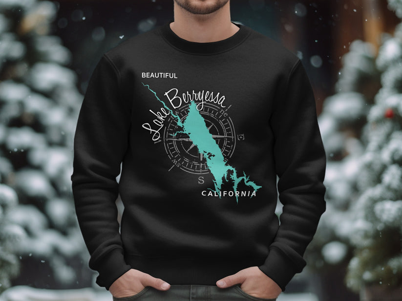 Black sweatshirt with Lake Berryessa map and compass design.