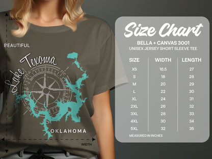 Lake Texoma map graphic on olive green t-shirt with size chart.