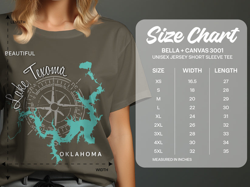Lake Texoma map graphic on olive green t-shirt with size chart.