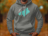 Grey hoodie with a circular design featuring "Lake Quinault Washington" and a teal map outline.