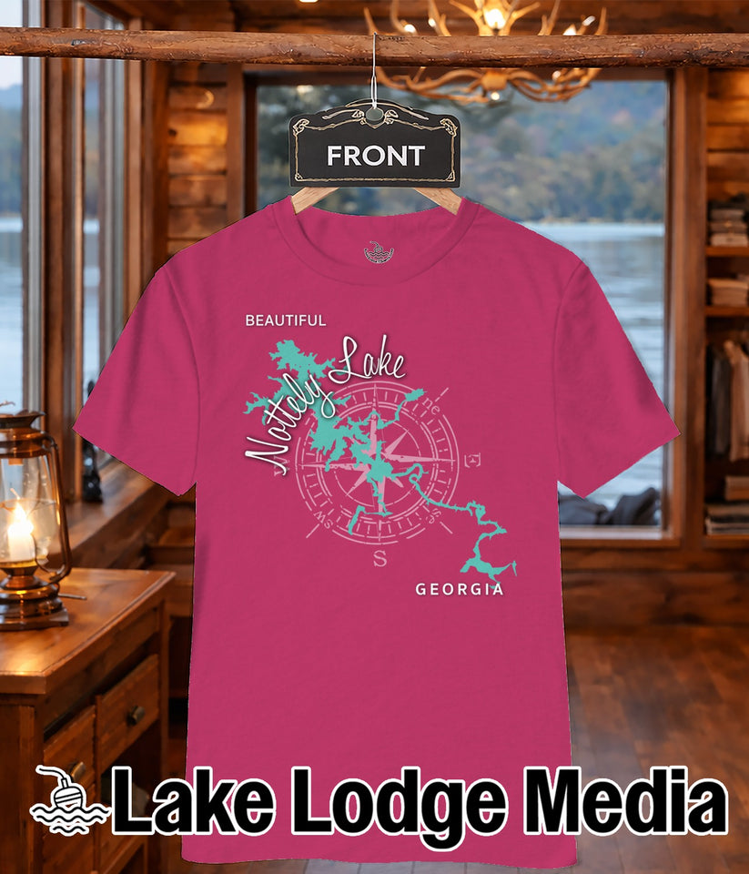 Pink t-shirt with "Lake Lodge Media" and a compass rose map of Lake Lanier, Georgia.