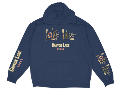 Navy hoodie with "Canyon Lake Texas" text and nautical graphics on chest and sleeves.