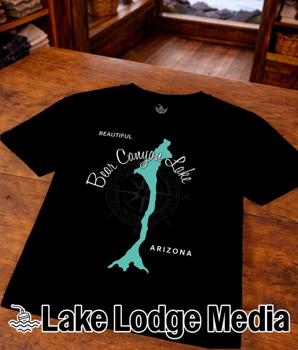 Black t-shirt with a teal map of Bear Canyon Lake and "ARIZONA" text.