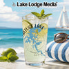 Glass with beverage, mint, lime, and "ATUGE LAKE" map graphic.