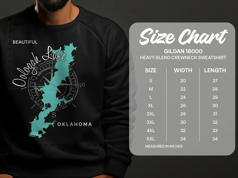 Oologah Lake Oklahoma map graphic on black sweatshirt with size chart.