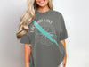 Gray t-shirt with "Lacamas Lake Washington" text and compass graphic.
