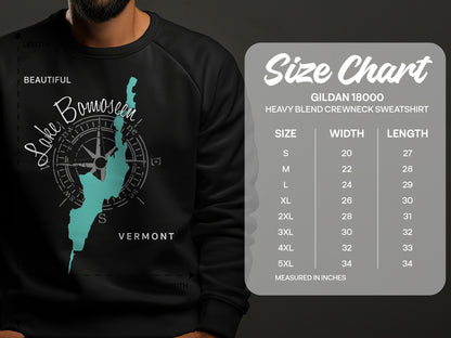 Lake Bomoseen Vermont map graphic on a dark sweatshirt with a size chart.