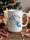 White mug with Lake Livingston Texas map and compass design.