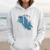White hoodie with blue Georgian Bay map graphic and compass rose detail.