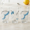 Three clear glasses featuring a blue map of Lake Wallenpaupack and a compass rose.