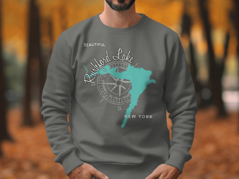 Sweatshirt featuring a compass rose design and map of Rushford Lake, New York.