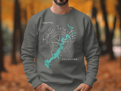 Dark grey sweatshirt with a teal compass rose map of Tenkiller Ferry Lake, Oklahoma.