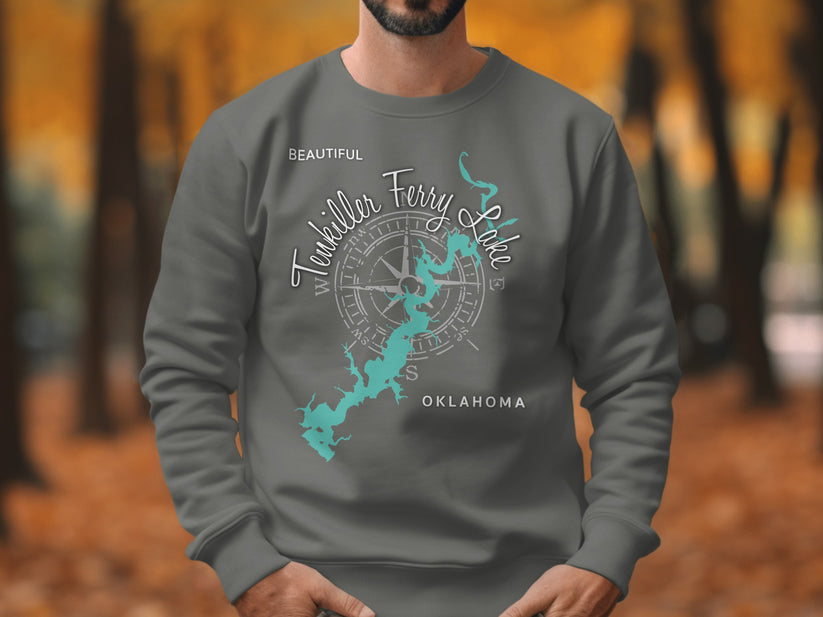 Dark grey sweatshirt with a teal compass rose map of Tenkiller Ferry Lake, Oklahoma.