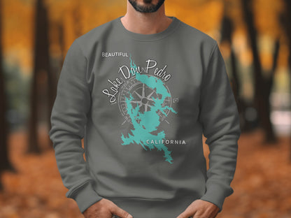Gray sweatshirt with a teal map of Lake Don Pedro, California and compass.