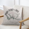 Tims Ford Lake Tennessee map design on a light grey linen throw pillow.