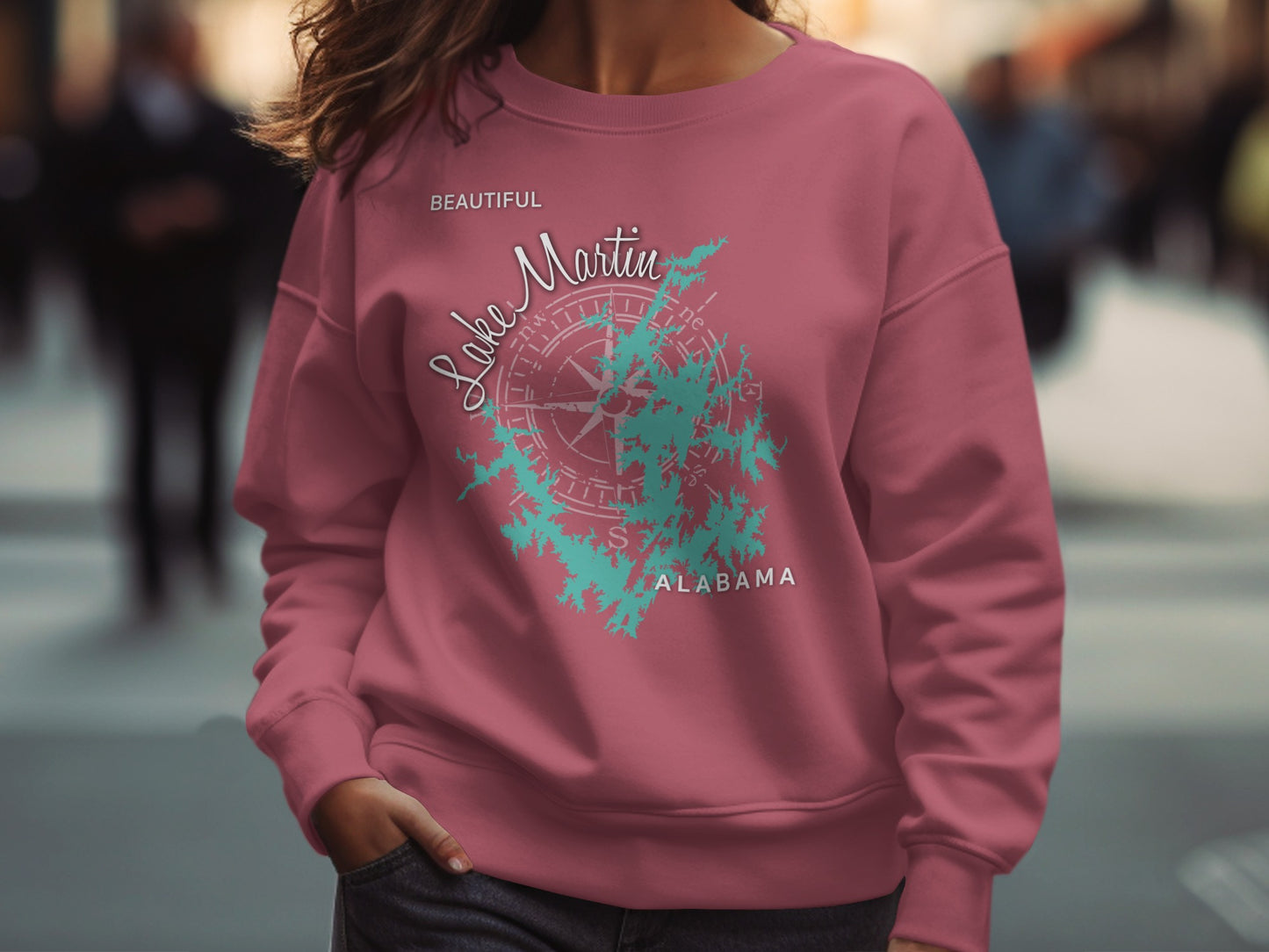 Pink sweatshirt with "Lake Martin ALABAMA" and compass rose graphic.