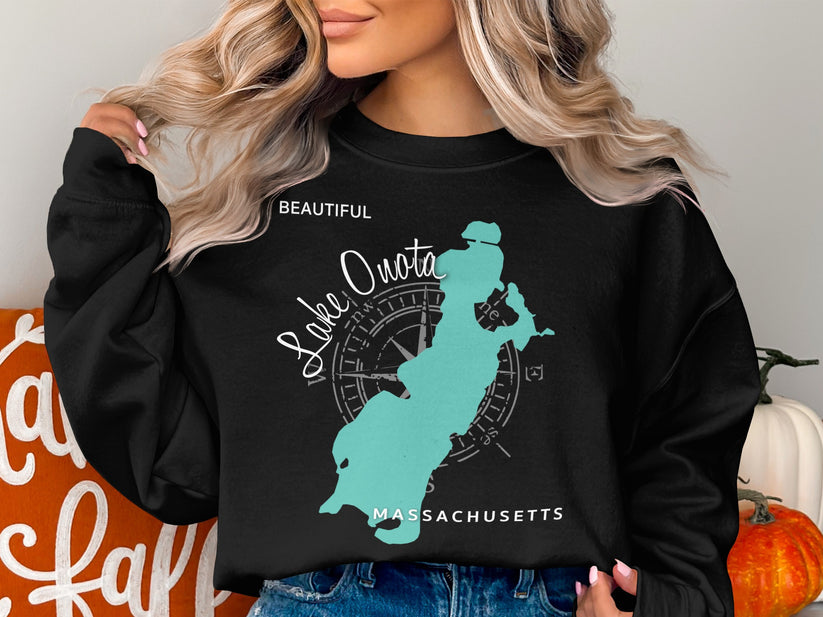 Black sweatshirt with a teal outline of Lake Quaboag, Massachusetts and compass rose.