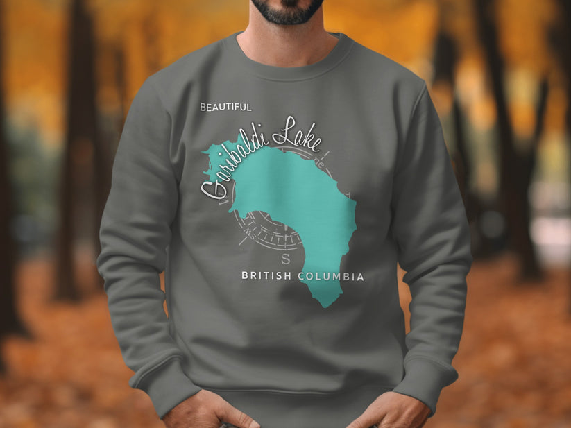 Garibaldi Lake, British Columbia map graphic on a grey sweatshirt.