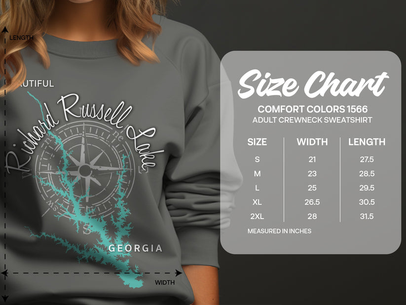 Comfort Colors 1566 adult crewneck sweatshirt size chart with measurements.