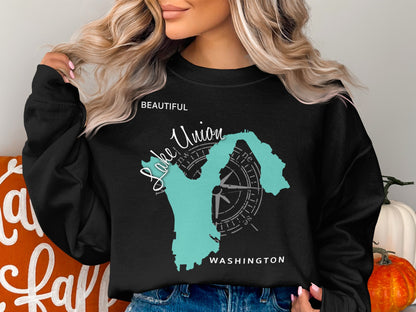 Black sweatshirt with "Beautiful Lake Union, Washington" text and compass graphic.