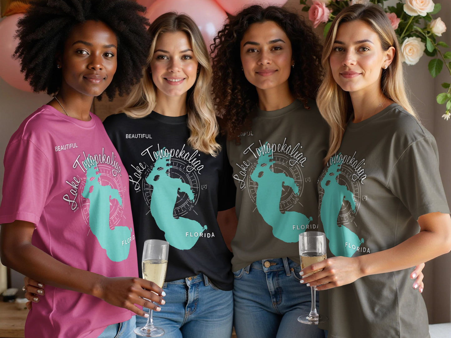 Four women in t-shirts with "Lake Tohopekaliga Florida" graphic.