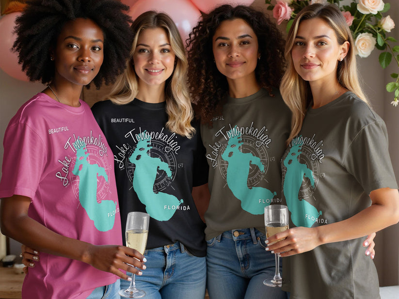 Four women in t-shirts with "Lake Tohopekaliga Florida" graphic.