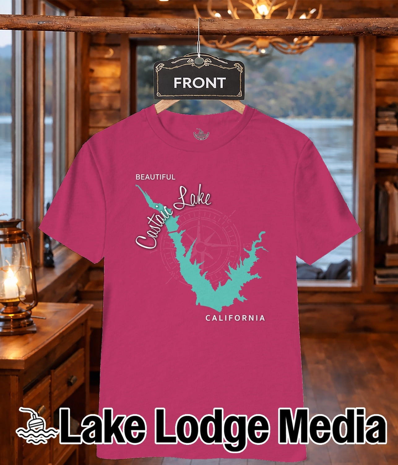 Crimson t-shirt with "Lake Lodge Media" logo and map of California.
