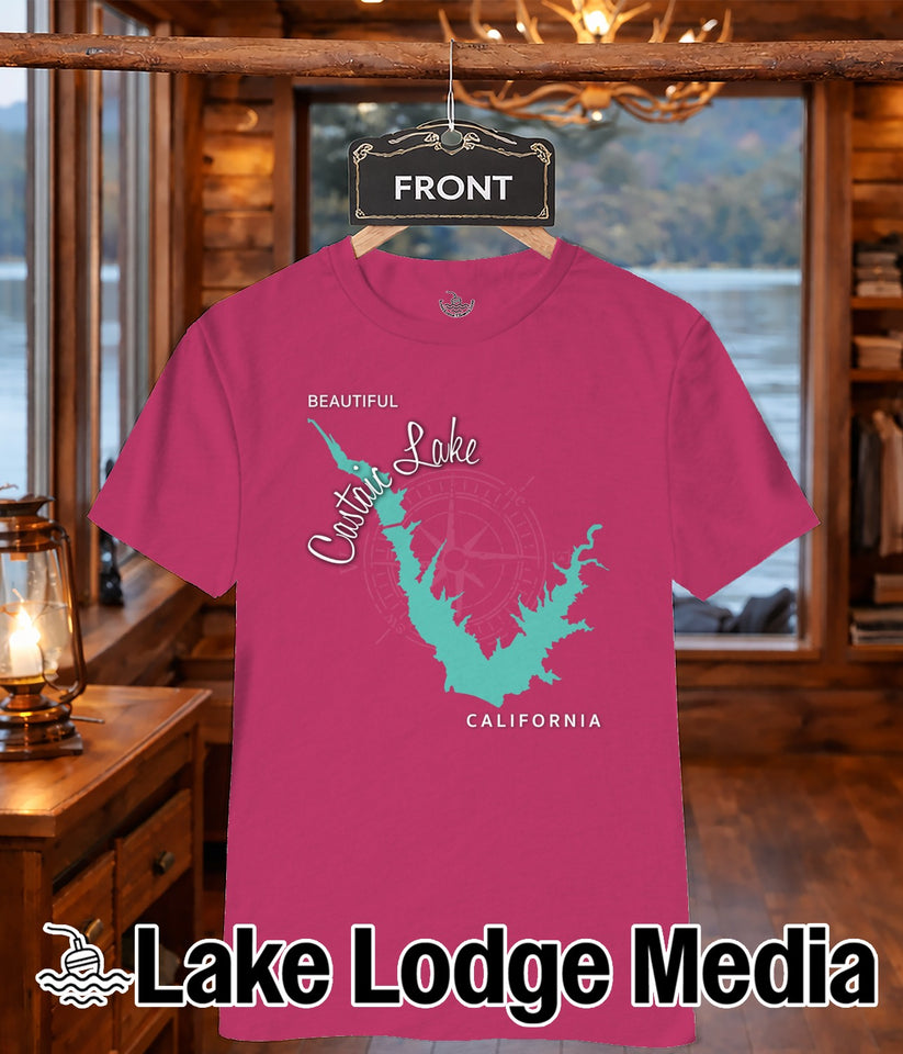 Crimson t-shirt with "Lake Lodge Media" logo and map of California.