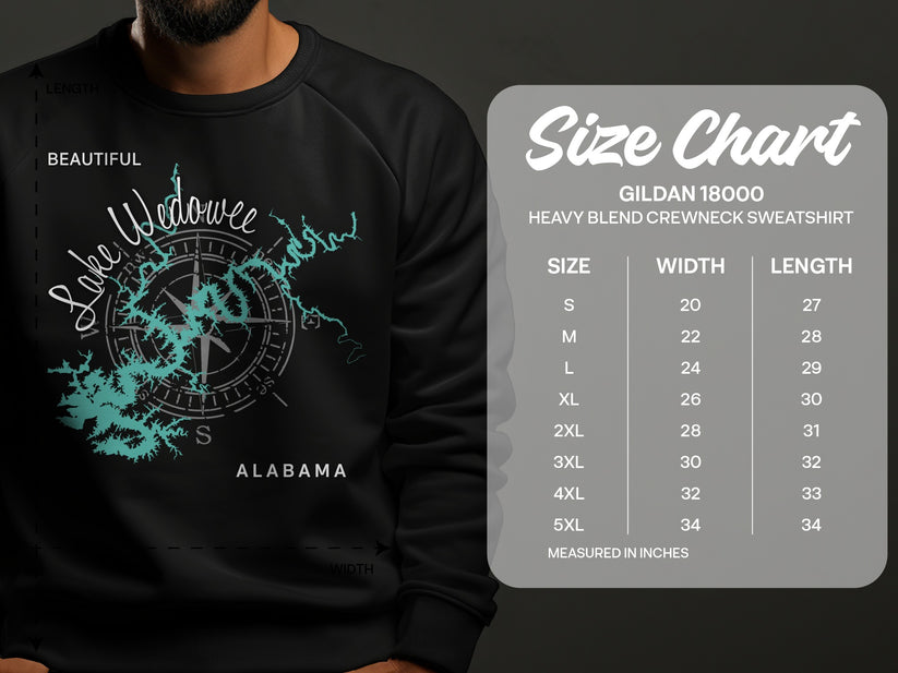 Lake Wedowee Alabama graphic on crewneck sweatshirt with size chart.