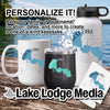 Mug, tumbler, and water bottle with "Forest Lake" map and compass graphics.