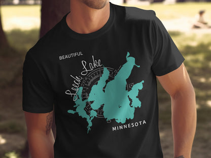 Black t-shirt with Leech Lake Minnesota map and compass graphic.