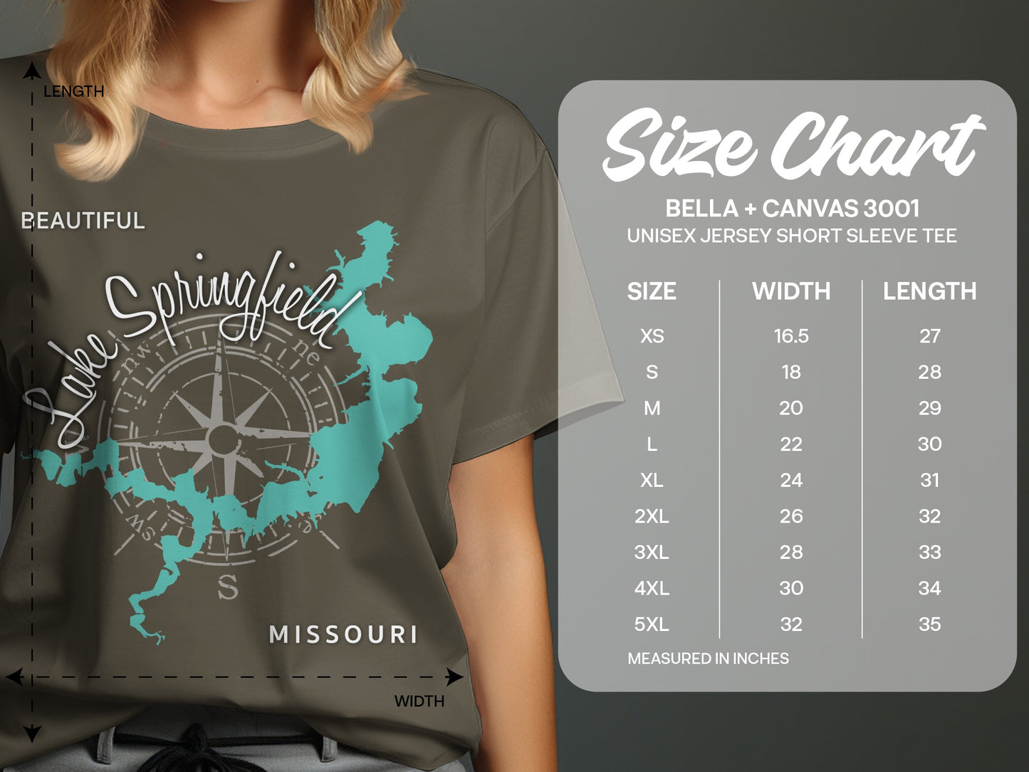 T-shirt size chart for Bella + Canvas 3001 with Lake Springfield graphic.