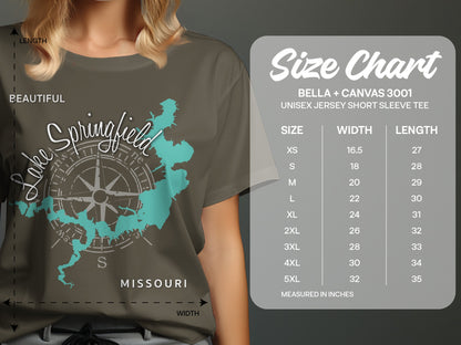 T-shirt size chart for Bella + Canvas 3001 with Lake Springfield graphic.