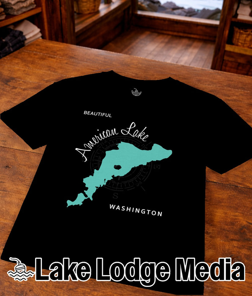 Black t-shirt with turquoise map of American Lake, Washington.