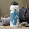 White water bottle with a blue lake map and text that reads "Ocean Lake" and "Lake Lodge Media LLC".