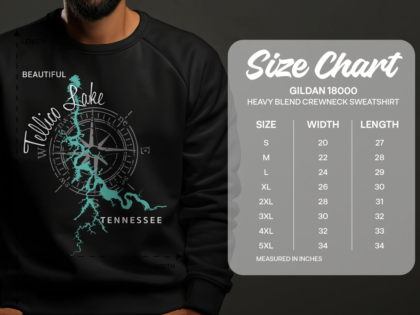 Tellico Lake Tennessee map graphic and Gildan 18000 sweatshirt size chart.
