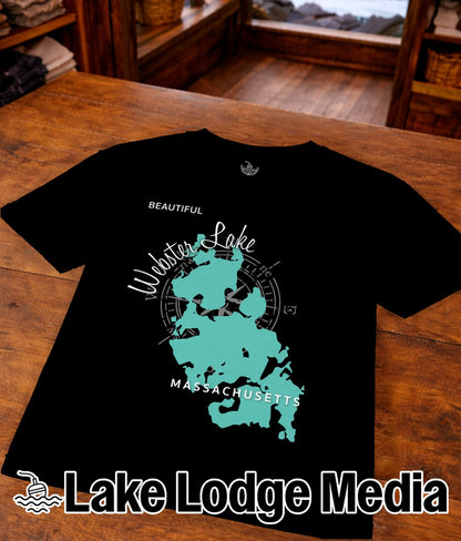 Black t-shirt with teal Massachusetts map of Webster Lake and Lake Lodge Media logo.