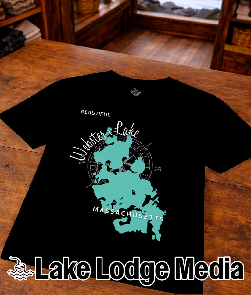 Black t-shirt with teal Massachusetts map of Webster Lake and Lake Lodge Media logo.