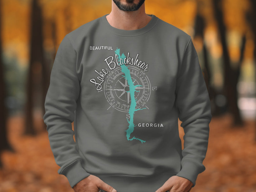 Dark gray sweatshirt with a map of Lake Blackshear and compass.