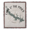 Woven blanket featuring the map of Lake O' The Pines, Texas, and a compass rose.