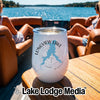 White insulated wine tumbler with Longview Lake Missouri printed on it, sitting on a boat table.
