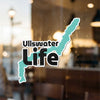 Ullswater Life sticker on a window with a teal lake shape overlay.