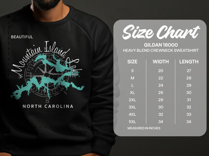 Gildan 18000 sweatshirt size chart with "Mountain Island Lake North Carolina" design.