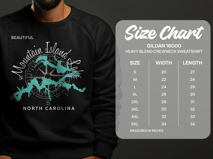 Gildan 18000 sweatshirt size chart with "Mountain Island Lake North Carolina" design.